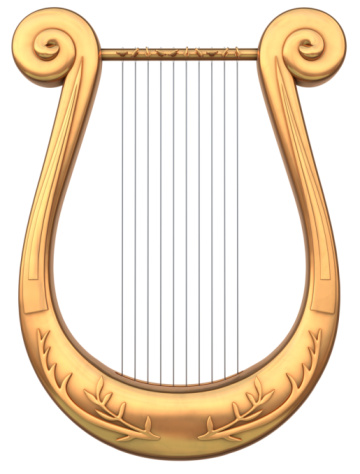 A stringed lyre musical instrument on a white background