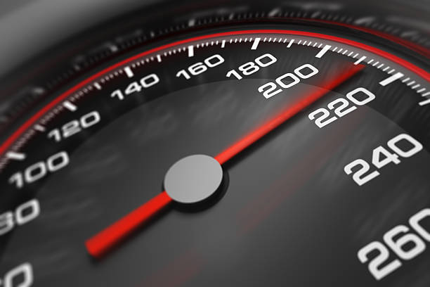 istock Closeup 3D image of a speedometer in black, red, and white 91707992