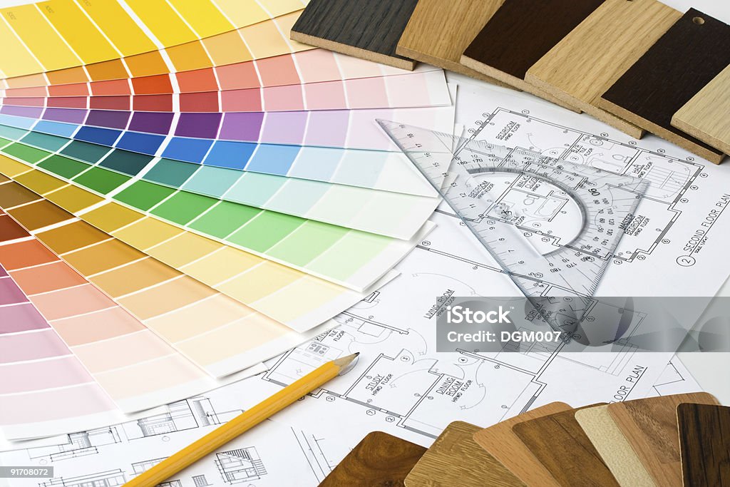 Guía de colores, muestras de materiales y blueprint - Foto de stock de Abstracto libre de derechos