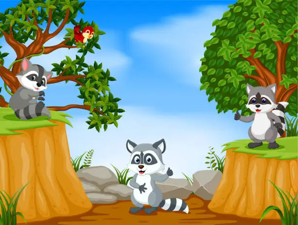Vector illustration of Raccoons with mountain cliff scene