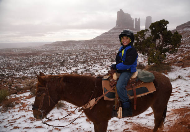 istock Young boy enjoys horse riding  in winter 917087754