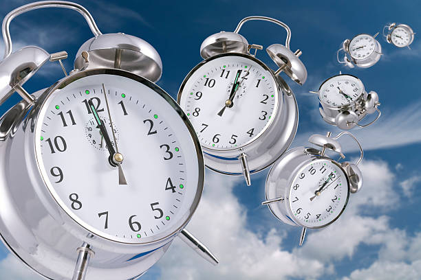 istock Six clocks in the sky with white clouds 91709061