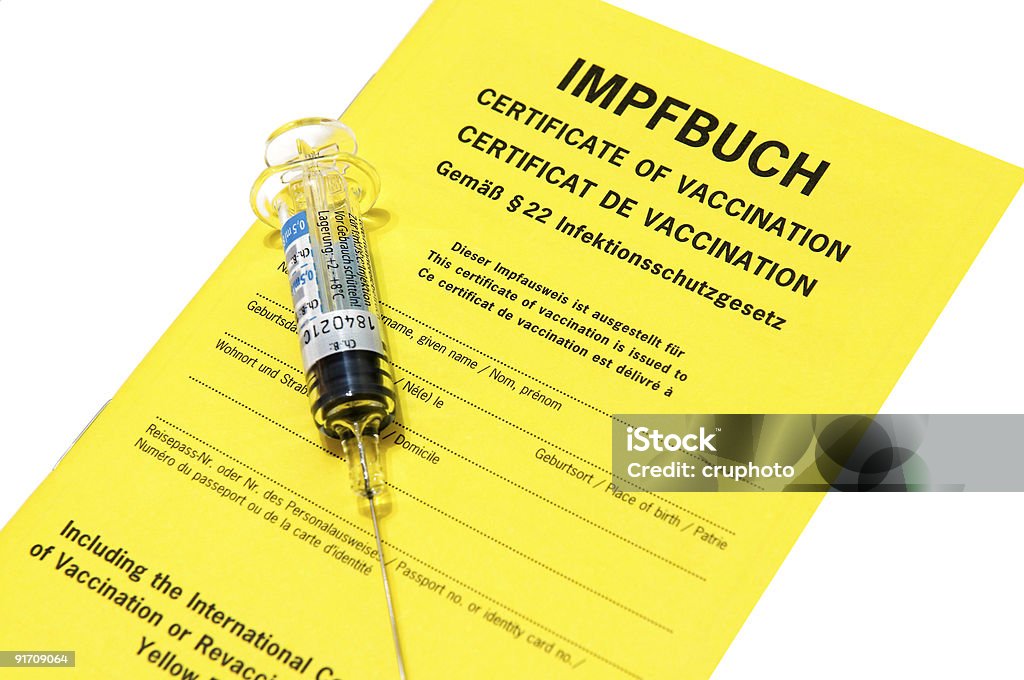 Certificato di vaccinazione con Influenza iniezione isolato su bianco - Foto stock royalty-free di Virus della varicella zoster