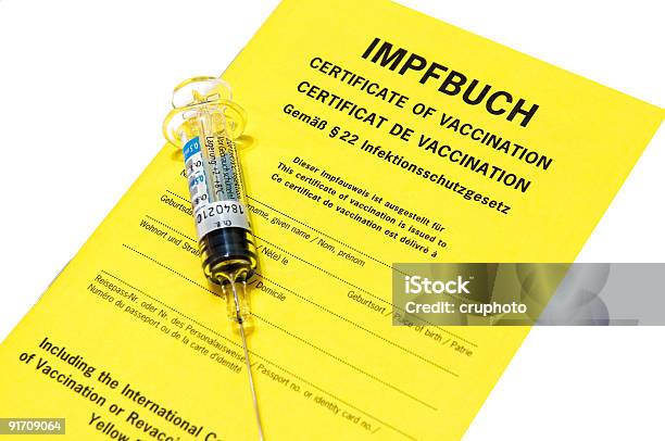Certificato Di Vaccinazione Con Influenza Iniezione Isolato Su Bianco - Fotografie stock e altre immagini di Virus della varicella zoster