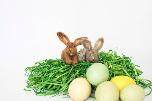istock Group of three felted small bunny rabbits on green grass with colored eggs 917093656
