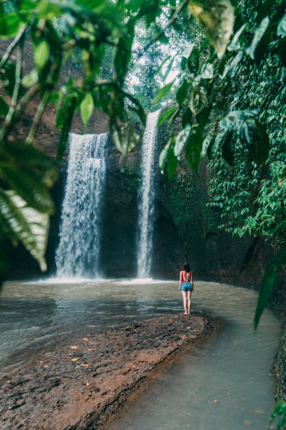 mulher andando perto tibumana cachoeira em bali, indonésia - chearful - fotografias e filmes do acervo
