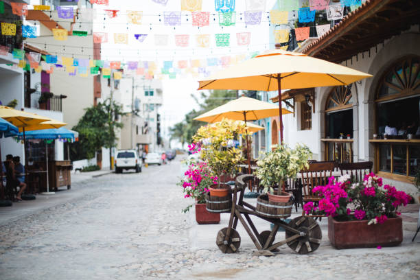 Bucherias streets Mexico, Bucerias, street, city, flowers, restaurant mexico street scene stock pictures, royalty-free photos & images