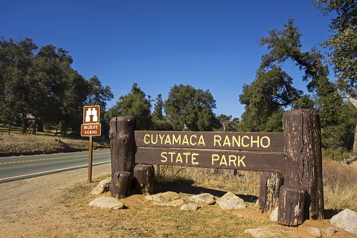 Entrance Sign at Cuyamaca Rancho State Park in East San Diego County along Highway 79 in Southwest California USA