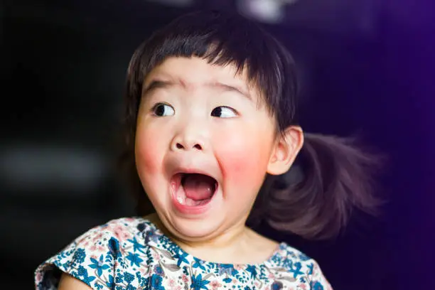 A little lovely asian girl feels shocked and open mouth wide