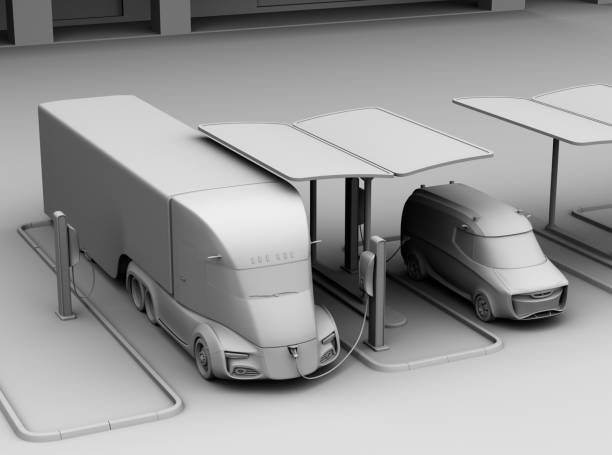 istock Electric truck and van charging at charging station powered by solar panel system 917113584