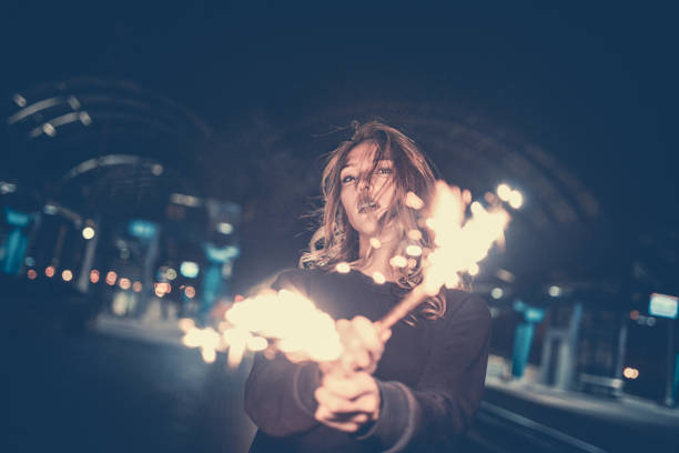 Beautiful Seductive Women With Sparklers Posing At Night