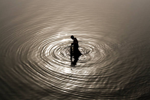 Fishing in the shores of North Korea stock photo