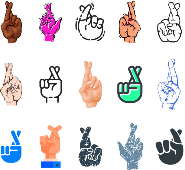 Crossed fingers vector fingered sign of human hand and symbol of luck or lie illustration fingering set isolated on white background Crossed fingers vector fingered sign of human hand and symbol of luck or lie illustration fingering set isolated on white background. railroad crossing arm stock illustrations