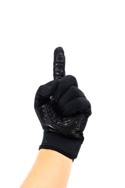 istock Man hand is showing finger symbol with black glove 917119888