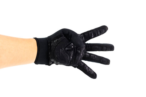 istock Man hand is showing finger symbol with black glove 917119954