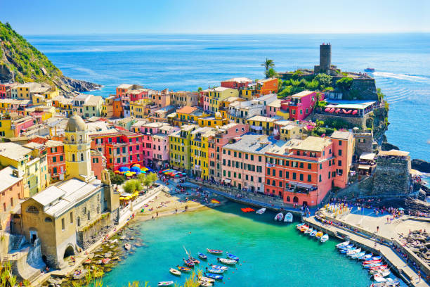 Beautiful seaside of Vernazza village in summer in the Cinque Terre area, Italy. stock photo
