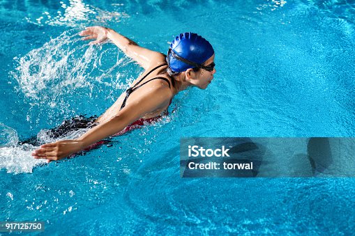 istock Swimmers are swimming "butterfly" poolside at night. 917125750