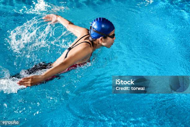 Swimmers Are Swimming Butterfly Poolside At Night Stock Photo - Download Image Now