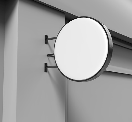 Doble cara espalda iluminada señalización circular tablero, haciendo publicidad del tablero llevado del resplandor, vinilo muestra en pared de ladrillo de la compañía. Ilustración de render 3D. photo
