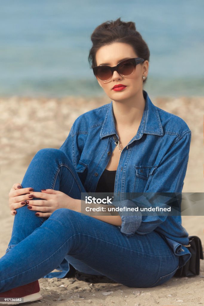 woman denim and red outfit