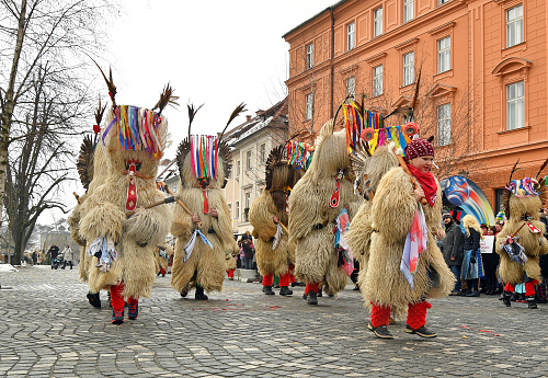 Ljubljana, Slovenia - February 10, 2018 - Traditional carnival on shrove Saturday with traditional figures, known as kurent or korent in Ljubljana, Slovenia