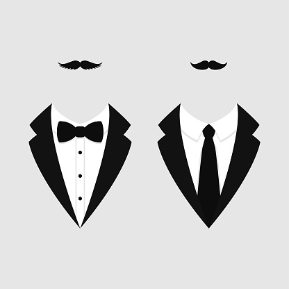 Men's jackets. Tuxedo with mustaches. Weddind suits with bow tie and with necktie. Vector illustration