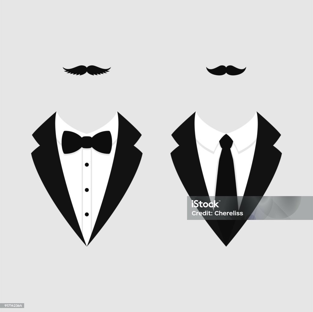 Men's jackets. Tuxedo with mustaches. Weddind suits with bow tie and with necktie. Vector icon. Men's jackets. Tuxedo with mustaches. Weddind suits with bow tie and with necktie. Vector illustration Suit stock vector