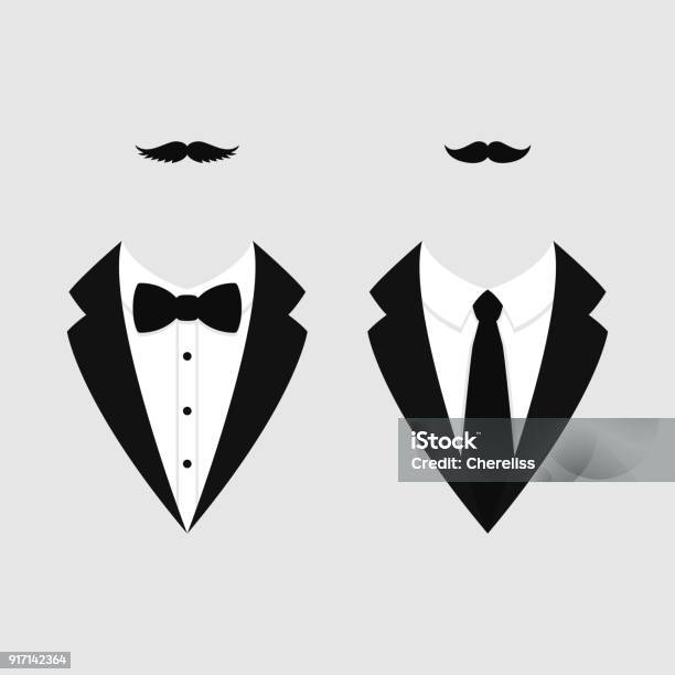 Mens Jackets Tuxedo With Mustaches Weddind Suits With Bow Tie And With Necktie Vector Icon Stock Illustration - Download Image Now