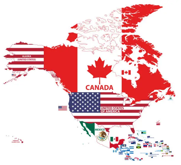 Vector illustration of vector illustration of North America map (include Northern America, Central America and Caribbean regions) with country names and flags of countries.