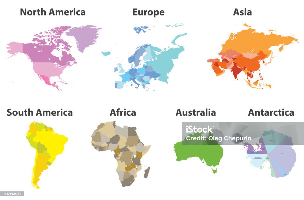 Vektor-Set von allen Kontinenten politische Karten isolierten auf weißen Hintergrund - Lizenzfrei Karte - Navigationsinstrument Vektorgrafik