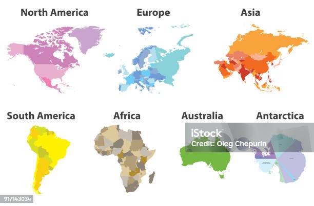 白い背景に分離された政治マップすべての大陸のベクトルを設定 - 地図のベクターアート素材や画像を多数ご用意 - 地図, アジア大陸, 大陸