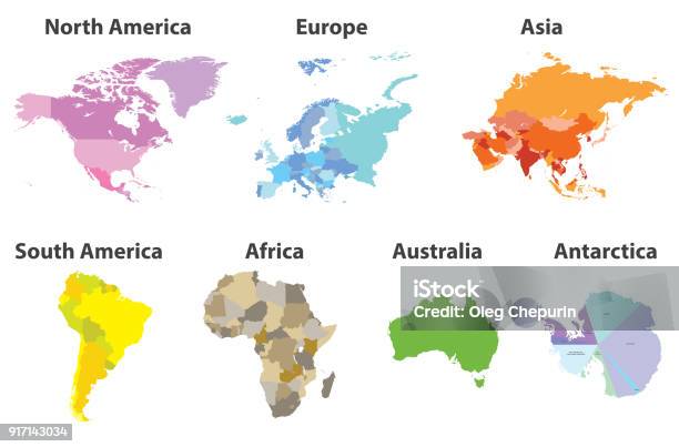 모든 대륙 정치 지도 흰색 배경에 고립의 벡터 집합 지도에 대한 스톡 벡터 아트 및 기타 이미지 - 지도, 아시아, 대륙-지리적 지역