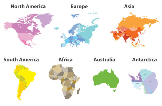 tüm kıtalar beyaz arka plan üzerinde siyasi haritalar izole vektör kümesi - güney illüstrasyonlar stock illustrations