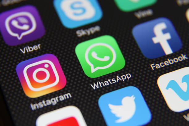 Berlin, Germany - 05 21 2016:  Apple iPhone 6s screen with social media applications Facebook, Instagram, Twitter, Google, Youtube, Vimeo, LinkedIn, Pinterest, WhatsApp etc.