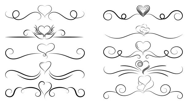 ilustraciones, imágenes clip art, dibujos animados e iconos de stock de conjunto de vector de elementos caligráficos y adornos de página - ilustración - line art scroll shape design element scroll