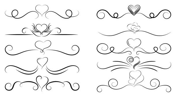 ilustrações de stock, clip art, desenhos animados e ícones de set of vector calligraphic elements and page decorations - illustration - line art scroll shape design element scroll