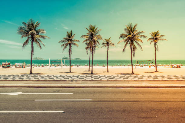 солнечный день с пальмами на пляже ипанема в рио-де- - rio de janeiro copacabana beach ipanema beach brazil стоковые фото и изображения
