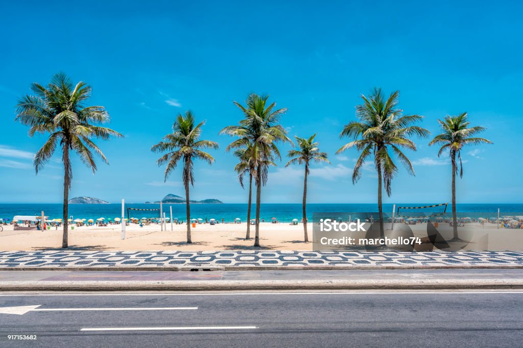 Palms on Ipanema Beach with blue sky, Rio de Janeiro Palms on Ipanema Beach with blue sky, Rio de Janeiro, Brazil. Famous mosaic boardwalk in front of palms Beach Stock Photo