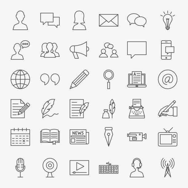 blog-linie icons set - article publication newspaper document stock-grafiken, -clipart, -cartoons und -symbole