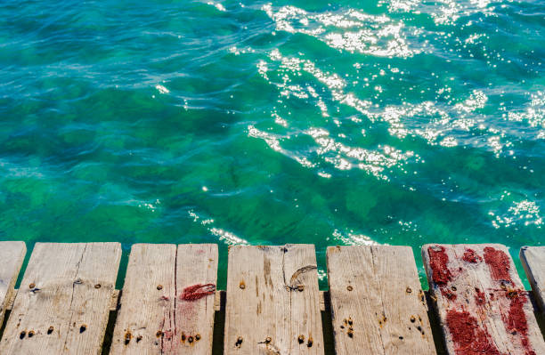 istock Wooden jetty on blue sea water background 917159638