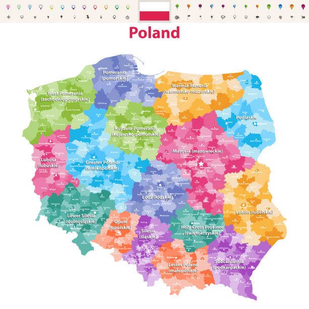 стокові ілюстрації на тему векторна карта польських губерній (відомих як воєводства) з адміністративним поділом. польські імена дають в дужках, де вони відрізняються - карта черниговской области с населенными пунктами