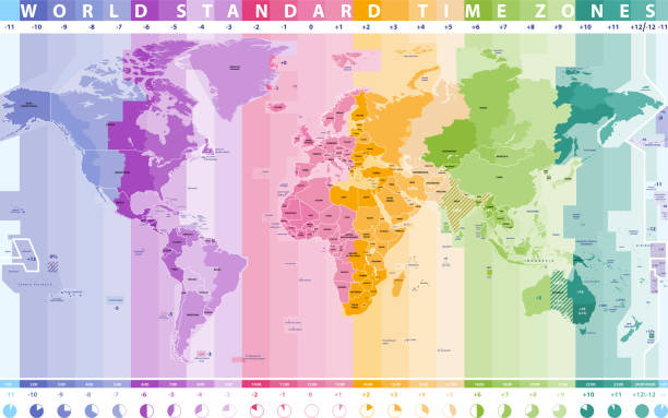 illustrazioni stock, clip art, cartoni animati e icone di tendenza di mappa dei fusi orari del mondo vettoriale ad alta dettagliati - fuso orario