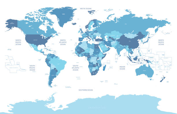 высоко детализированная векторная карта мира с названиями стран и границами - argentina australia stock illustrations