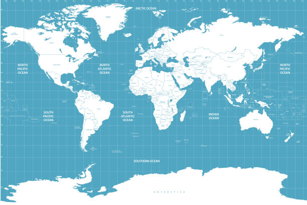 ilustraciones, imágenes clip art, dibujos animados e iconos de stock de alta vector detallado mapa mundial con nombres de países y fronteras - arctic