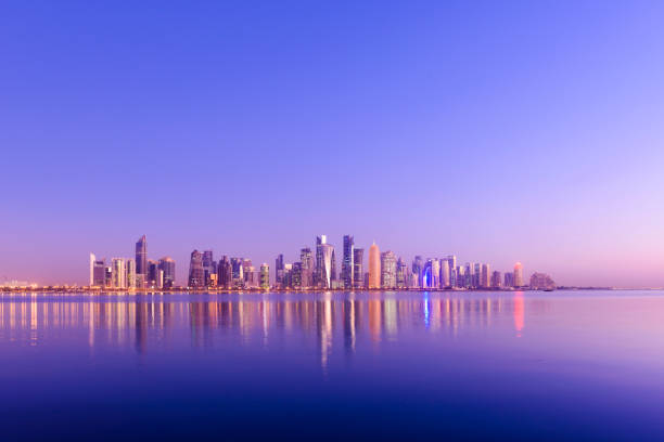 The Downtown Doha City Skyline at Sunset, Qatar stock photo