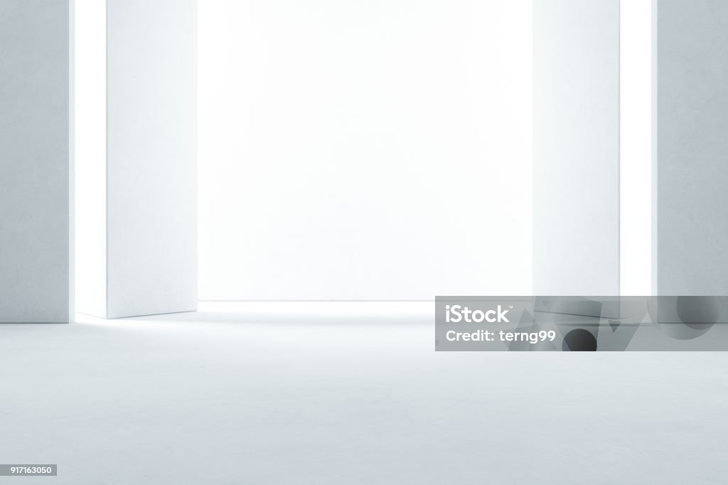 Abstract interior design of modern showroom with empty concrete floor and white wall background - Hall or stage 3d illustration 3d rendering of room with lighting White Color Stock Photo