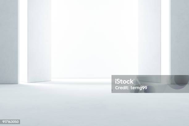 Abstract Interior Design Of Modern Showroom With Empty Concrete Floor And White Wall Background Hall Or Stage 3d Illustration Stock Photo - Download Image Now
