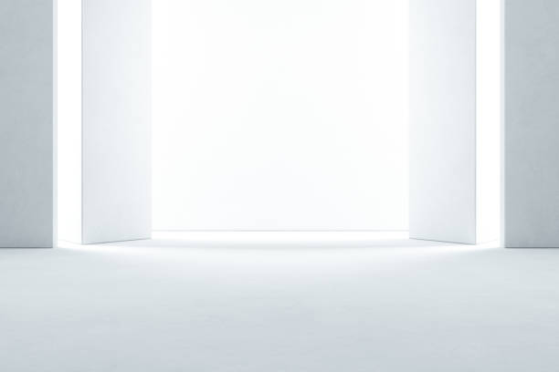 abstrato design de interiores do showroom moderno, com piso de concreto vazio e plano de fundo de parede branca - hall ou estágio ilustração 3d - apresentação digital - fotografias e filmes do acervo