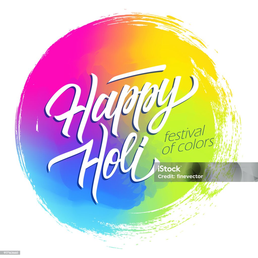 Happy Holi Indian festival de fond coloré couleurs cercle brush stroke avec inscription de salutations de vacances manuscrites de printemps. - clipart vectoriel de Holi libre de droits