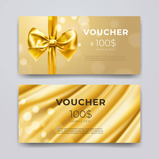 Gift voucher design template. Set of premium promotional card with realistic golden bow, ribbon and silk isolated on bokeh background. Discount certificates, coupon or leaflet. Vector 3d illustration Gift voucher design template. Set of premium promotional card with realistic golden bow, ribbon and silk isolated on bokeh background. Discount certificates, coupon or leaflet. Vector 3d illustration. bow hair bow ribbon gold stock illustrations